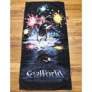 Vintage Y2K Sea World Shamu Orca Fireworks Terrycloth Beach Towel 26”x 54”